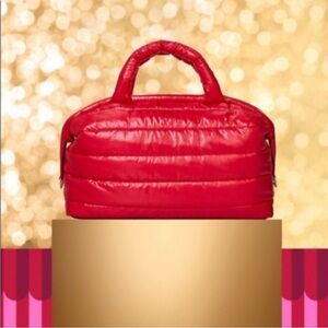 Estée Lauder Red Puffer Nylon Weekender tote bag removable  strap